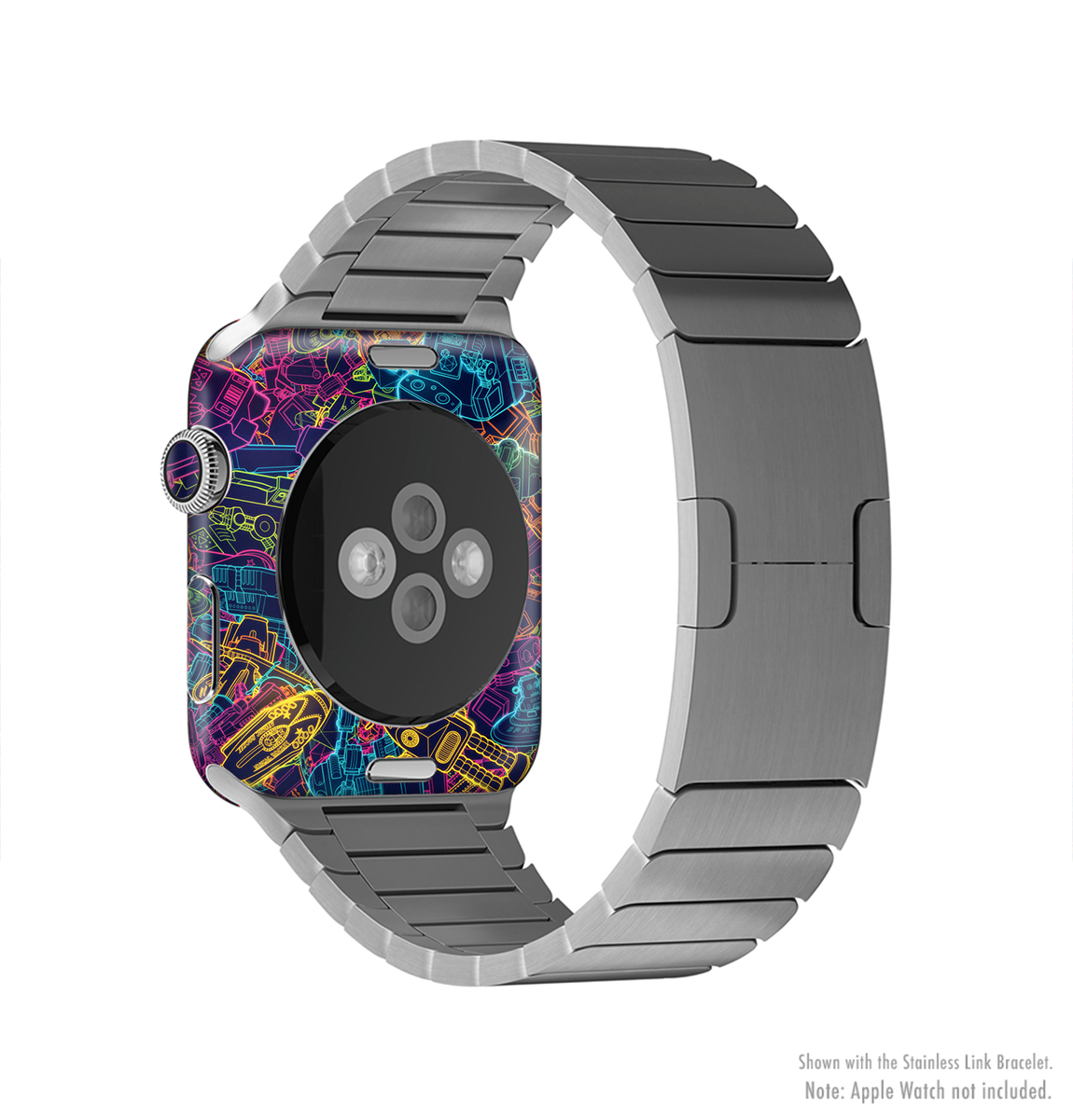 The Neon Robots Full-Body Skin Kit for Apple Watch showcasing vibrant colors and a sleek design, perfectly fitted to the watch.