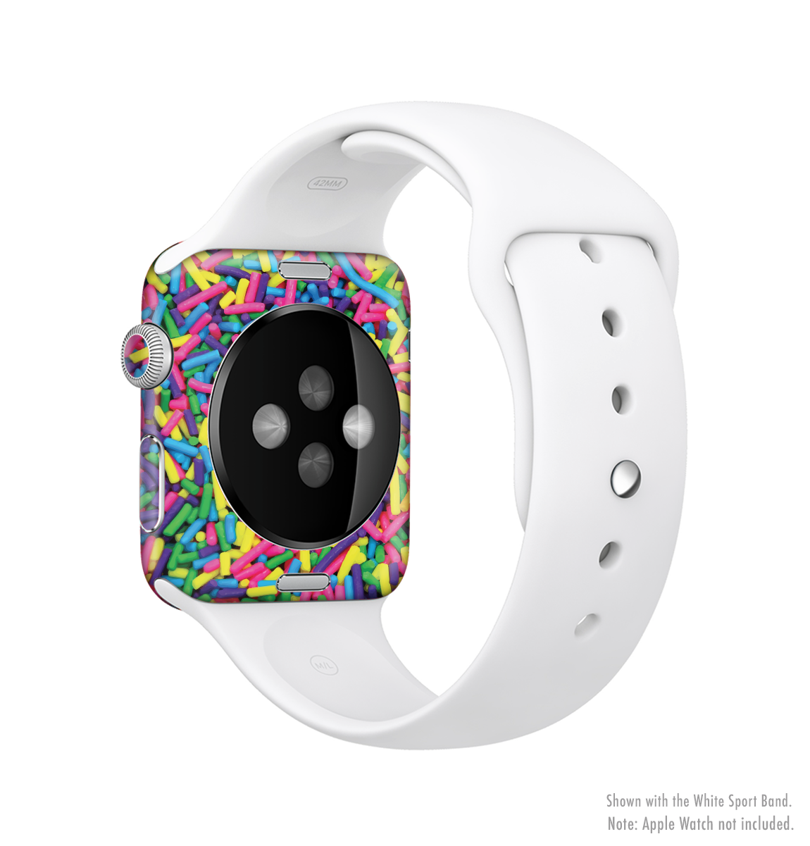 The Neon Sprinkles Full-Body Skin Kit for Apple Watch showcasing vibrant colors and a sleek design, perfectly fitted to the watch.