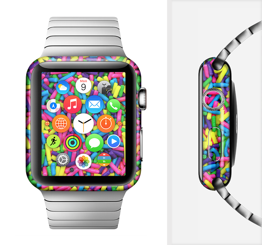 The Neon Sprinkles Full-Body Skin Kit for Apple Watch showcasing vibrant colors and a sleek design, perfectly fitted to the watch.