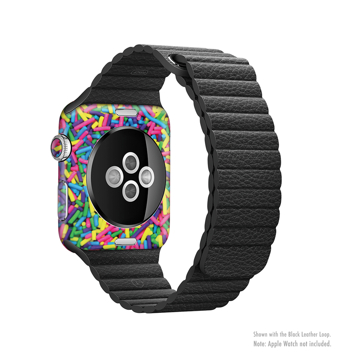 The Neon Sprinkles Full-Body Skin Kit for Apple Watch showcasing vibrant colors and a sleek design, perfectly fitted to the watch.