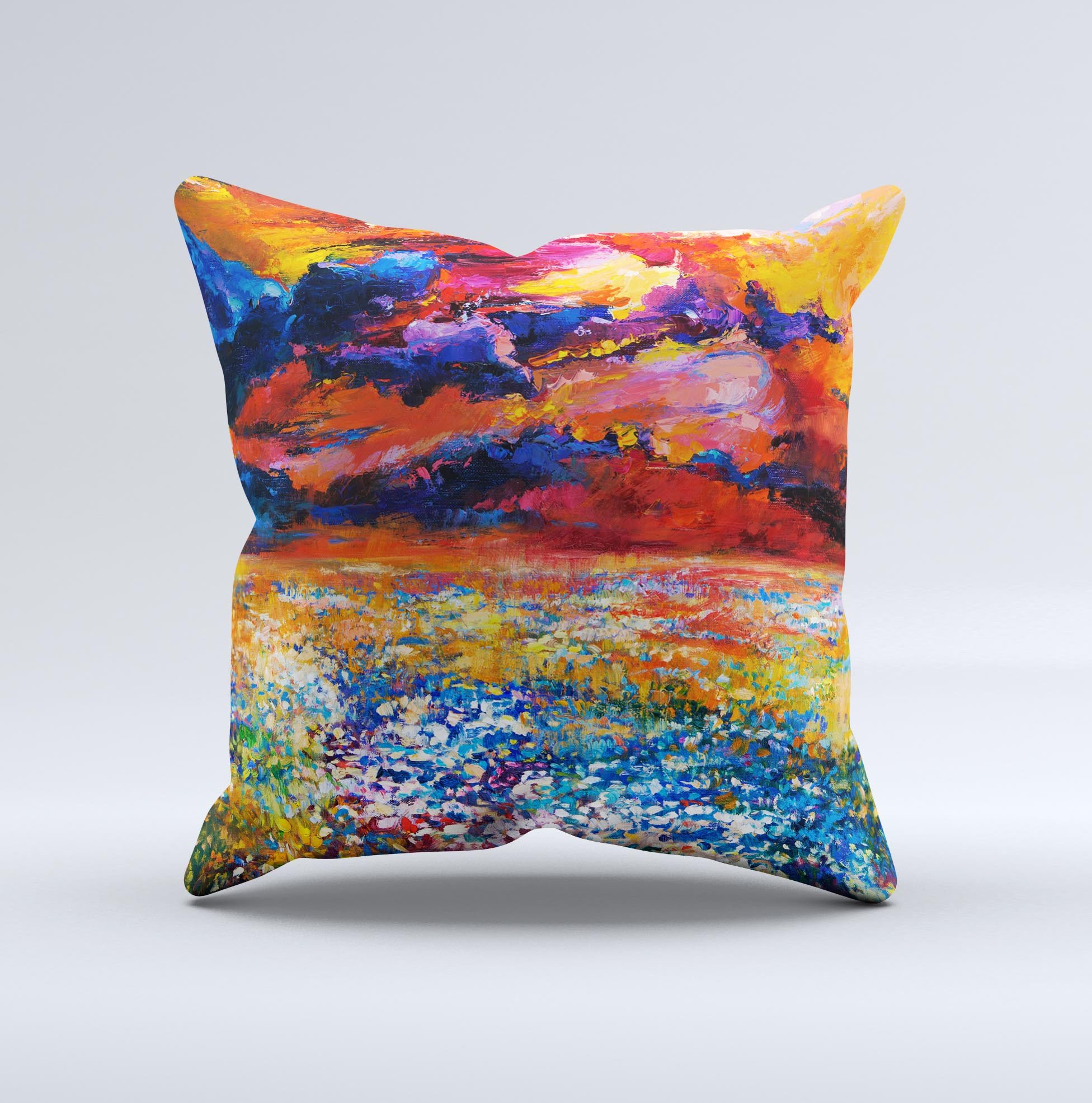 A beautifully handcrafted decorative throw pillow featuring an oil-painted meadow design, showcasing vibrant colors and unique textures.