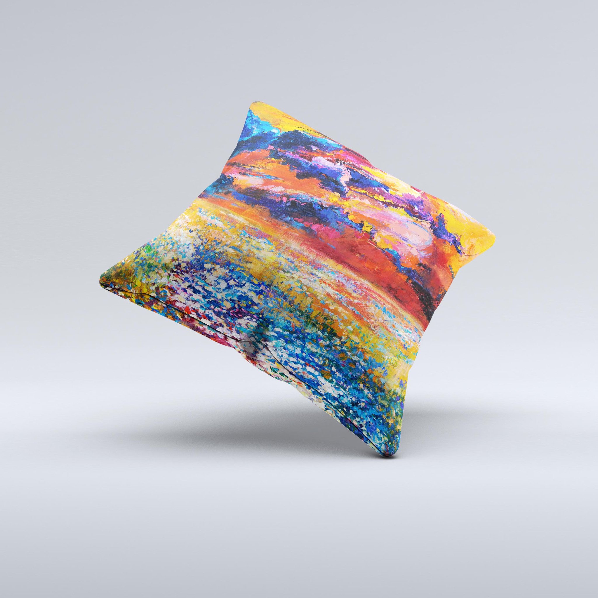 A beautifully handcrafted decorative throw pillow featuring an oil-painted meadow design, showcasing vibrant colors and unique textures.