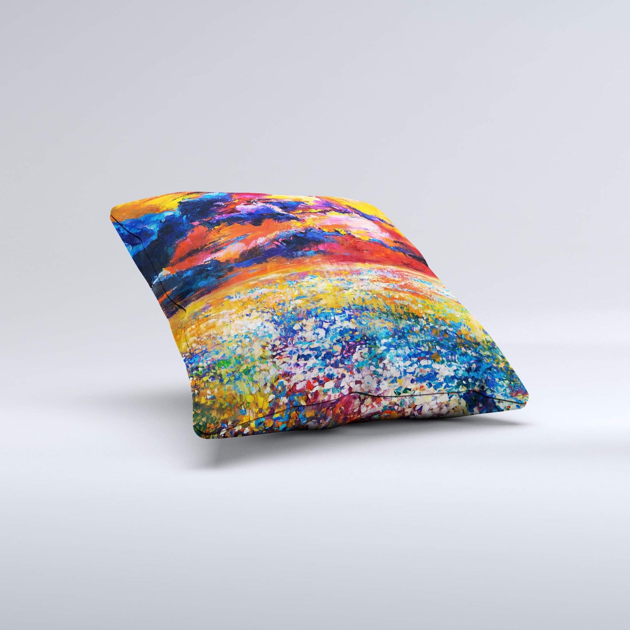 A beautifully handcrafted decorative throw pillow featuring an oil-painted meadow design, showcasing vibrant colors and unique textures.