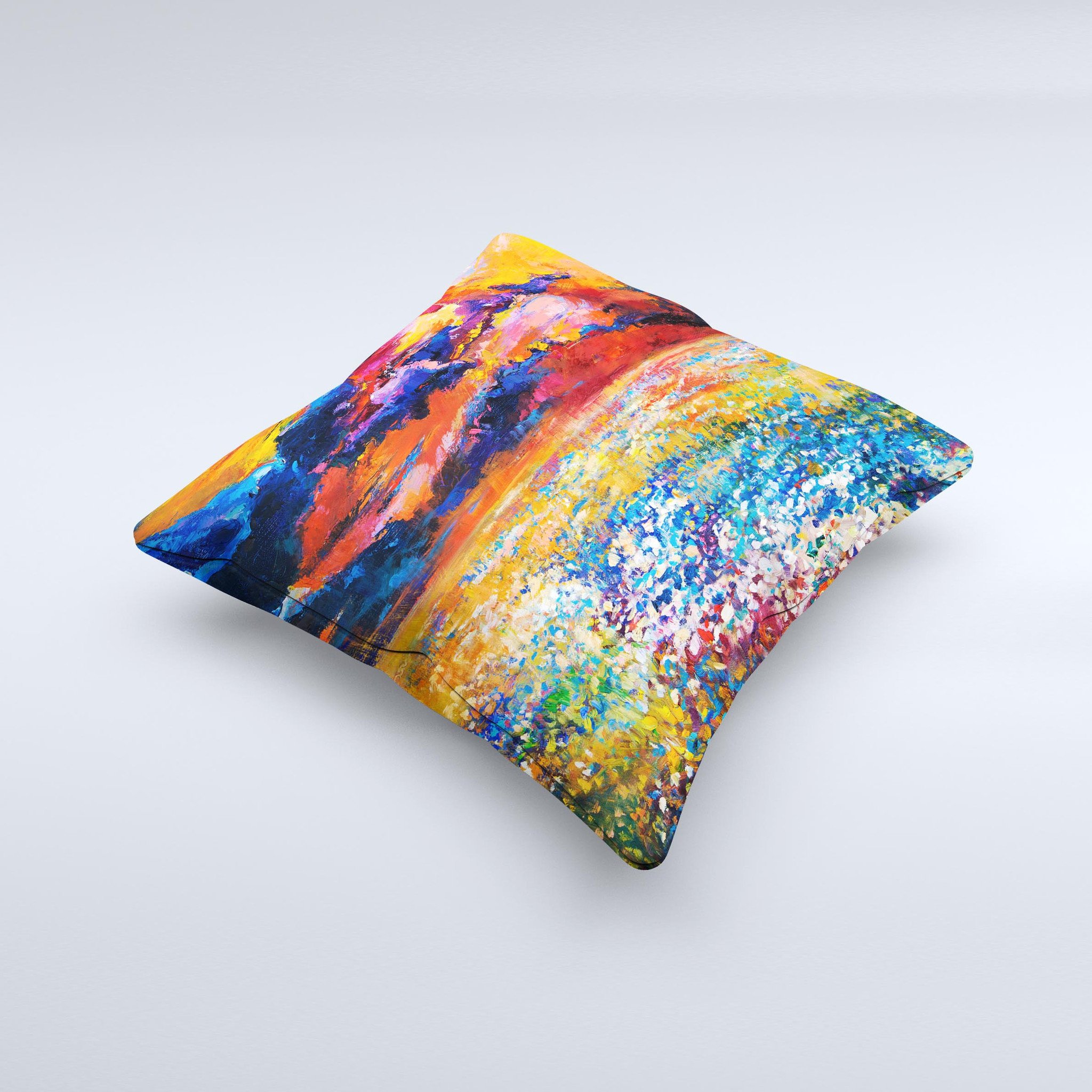 A beautifully handcrafted decorative throw pillow featuring an oil-painted meadow design, showcasing vibrant colors and unique textures.