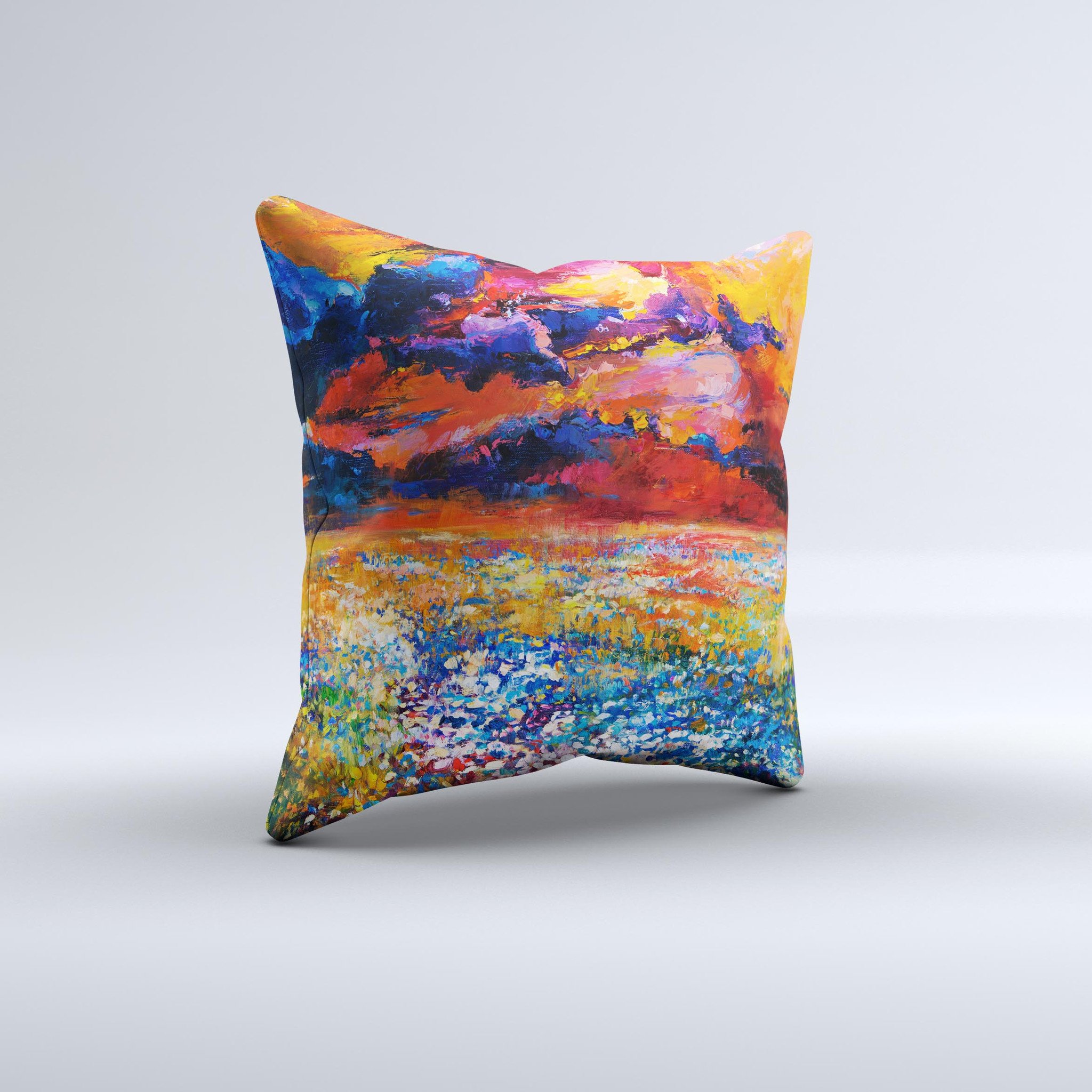 A beautifully handcrafted decorative throw pillow featuring an oil-painted meadow design, showcasing vibrant colors and unique textures.