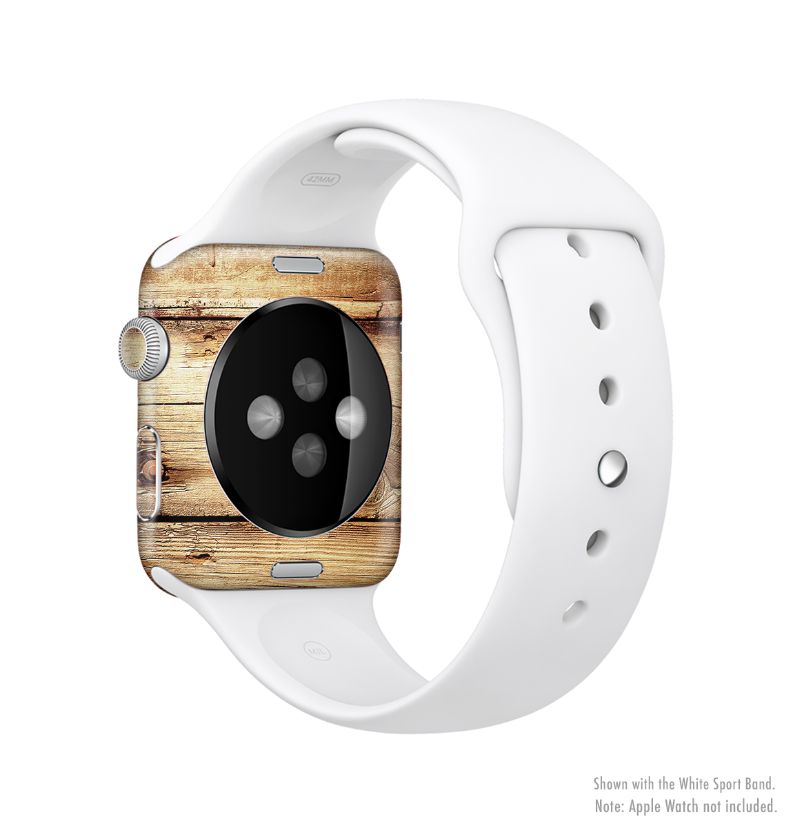 Old Bolted Wooden Planks Skin Kit for Apple Watch, showcasing a rustic wooden design that fits snugly on the device.