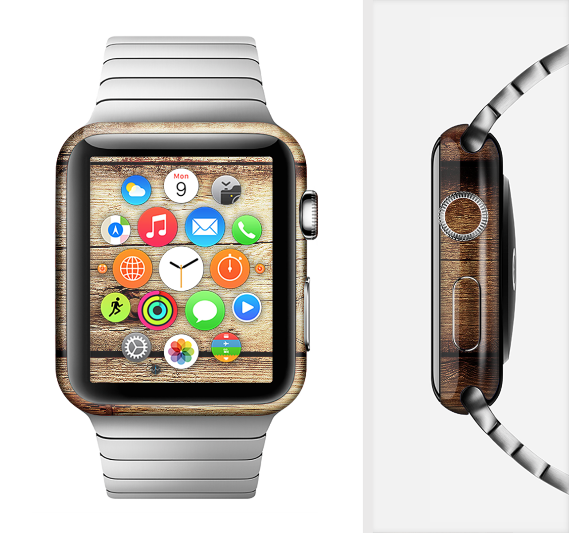 Old Bolted Wooden Planks Skin Kit for Apple Watch, showcasing a rustic wooden design that fits snugly on the device.