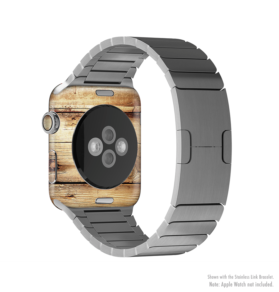 Old Bolted Wooden Planks Skin Kit for Apple Watch, showcasing a rustic wooden design that fits snugly on the device.