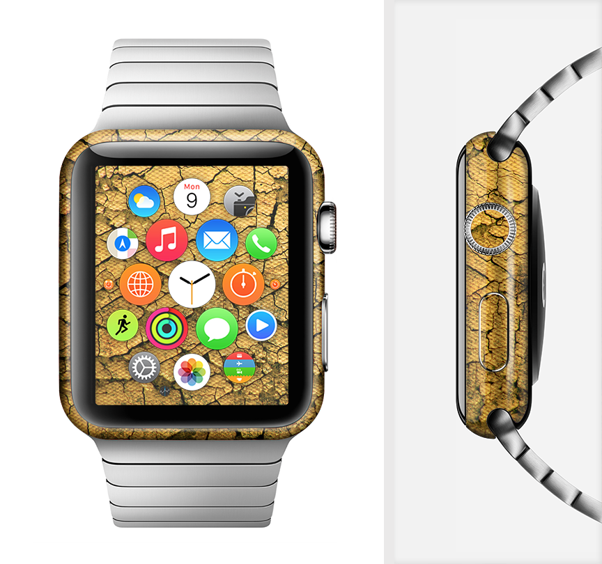 Orange Cracked Surface Full-Body Skin Kit for Apple Watch, showcasing vibrant design and premium vinyl material.