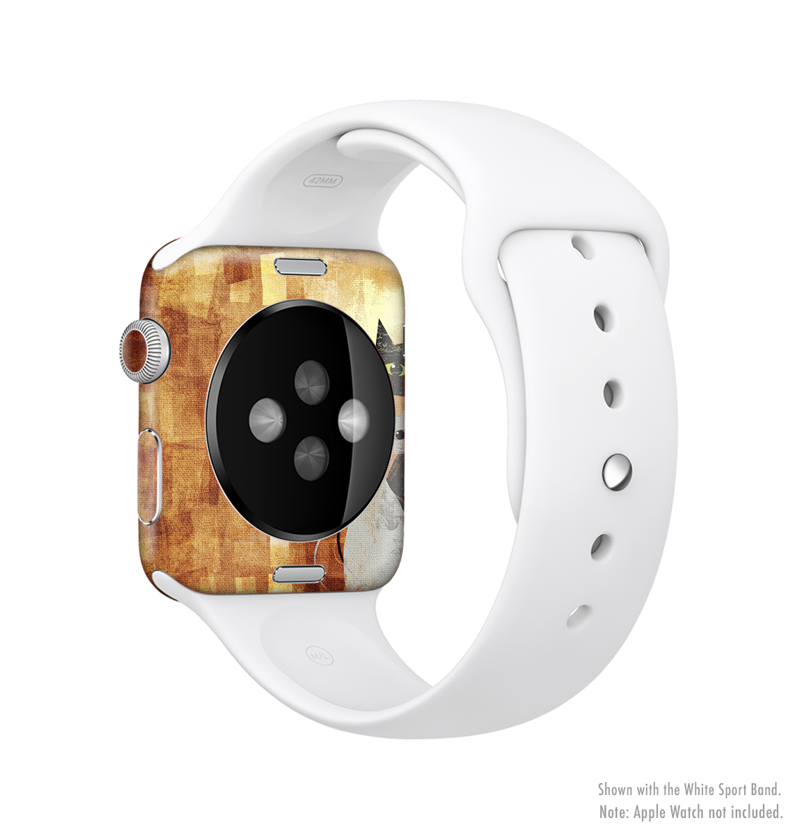 Orange grungy textured skin kit for Apple Watch, showcasing a unique cat design and premium vinyl material.