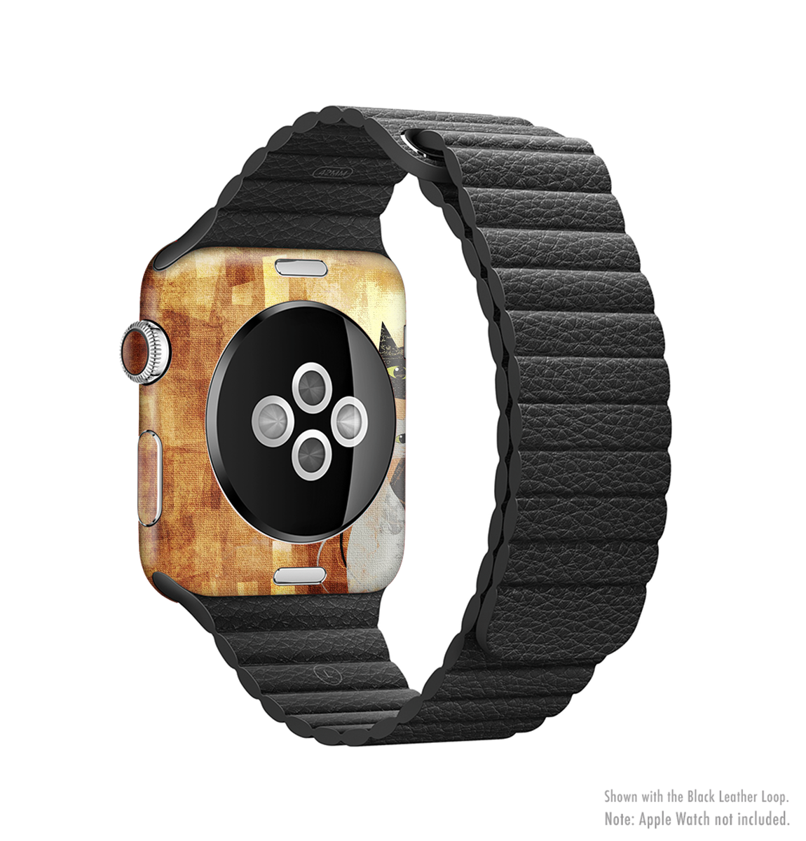 Orange grungy textured skin kit for Apple Watch, showcasing a unique cat design and premium vinyl material.