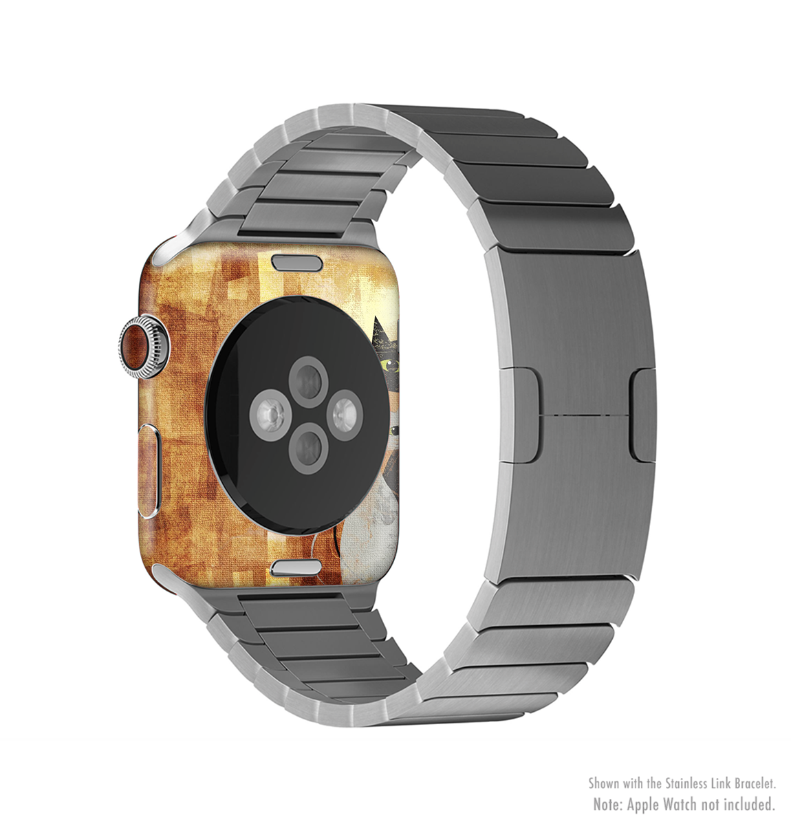 Orange grungy textured skin kit for Apple Watch, showcasing a unique cat design and premium vinyl material.