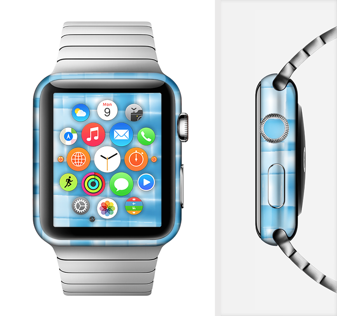 Overlapping Blue Woven Full-Body Skin Kit for Apple Watch, showcasing a stylish blue woven design that fits snugly on the device.