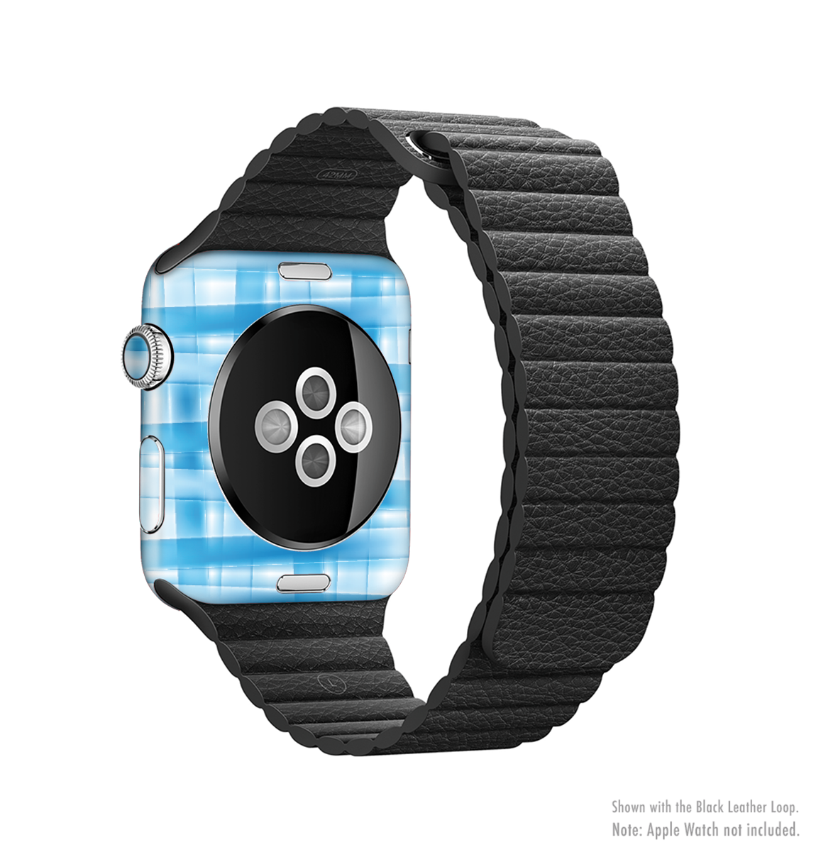 Overlapping Blue Woven Full-Body Skin Kit for Apple Watch, showcasing a stylish blue woven design that fits snugly on the device.