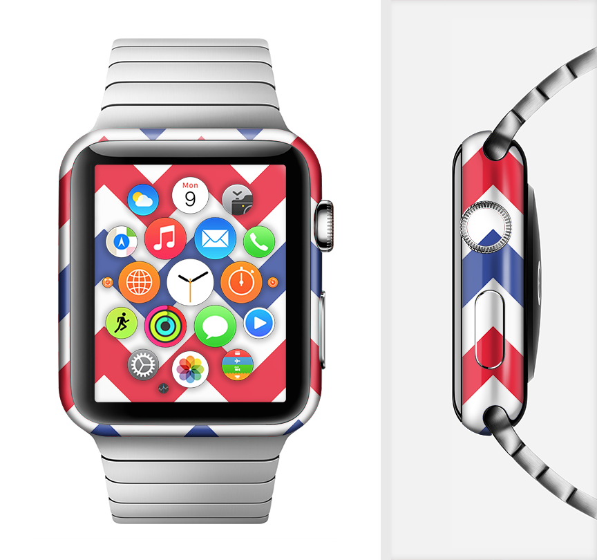 Patriotic Chevron Pattern Full-Body Skin Kit for Apple Watch, showcasing vibrant colors and a stylish design.