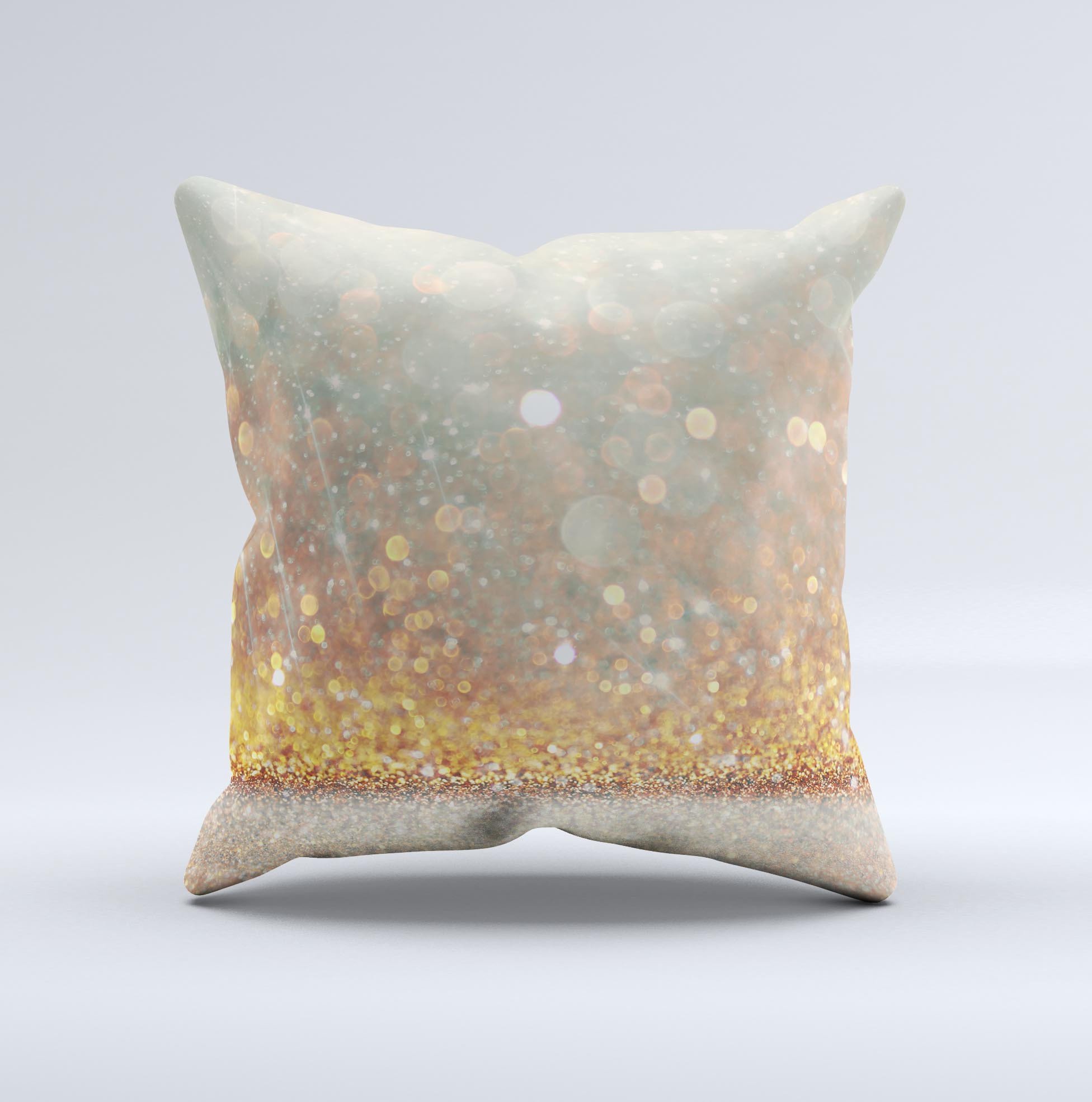 A beautifully handcrafted Pink and Gold Shimmering Lights decorative throw pillow featuring unique ink-fuzed graphics and a luxurious high thread count fabric.