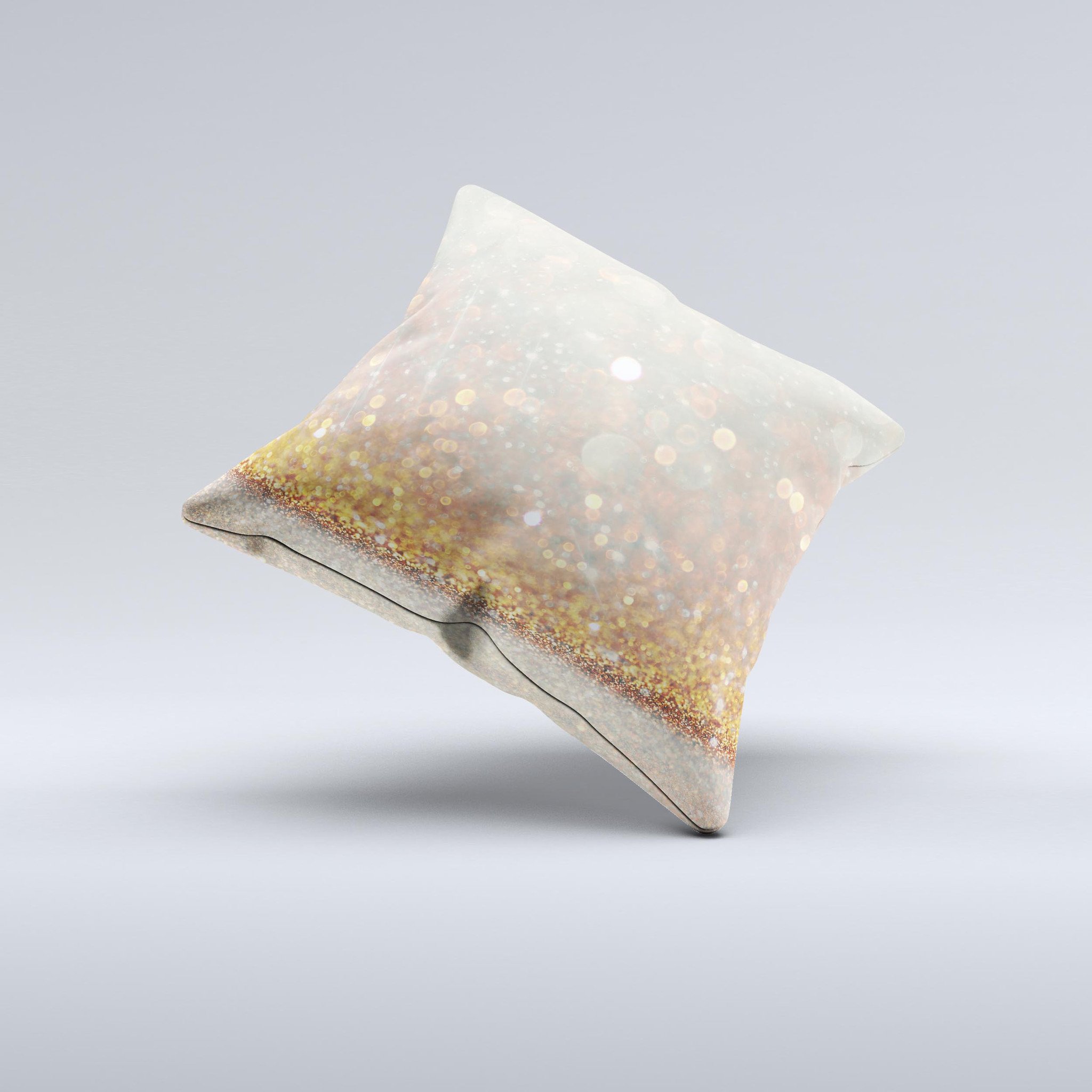 A beautifully handcrafted Pink and Gold Shimmering Lights decorative throw pillow featuring unique ink-fuzed graphics and a luxurious high thread count fabric.