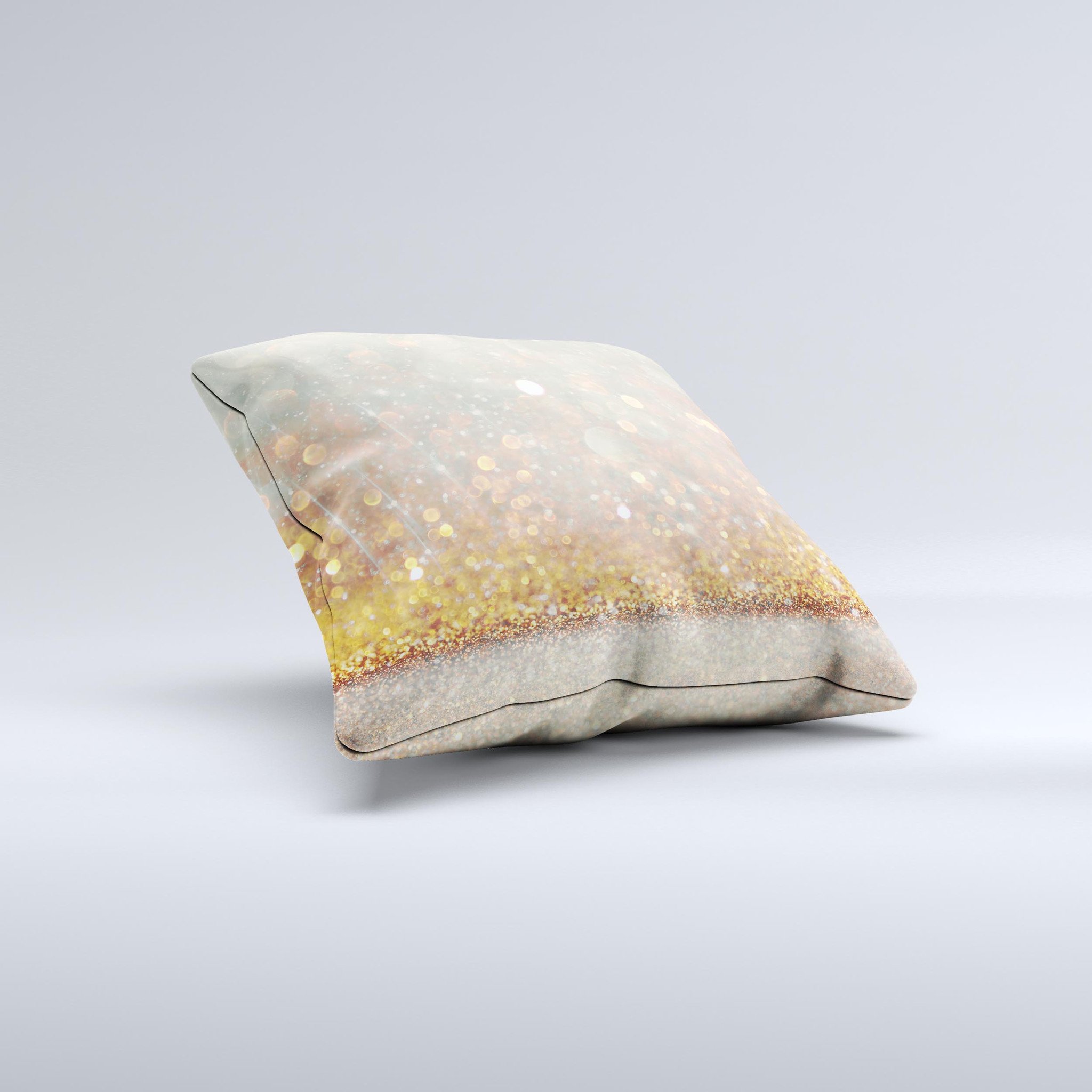 A beautifully handcrafted Pink and Gold Shimmering Lights decorative throw pillow featuring unique ink-fuzed graphics and a luxurious high thread count fabric.