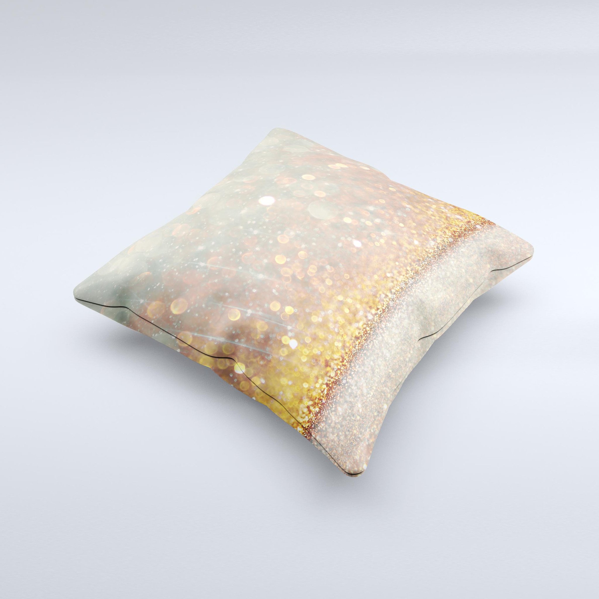 A beautifully handcrafted Pink and Gold Shimmering Lights decorative throw pillow featuring unique ink-fuzed graphics and a luxurious high thread count fabric.