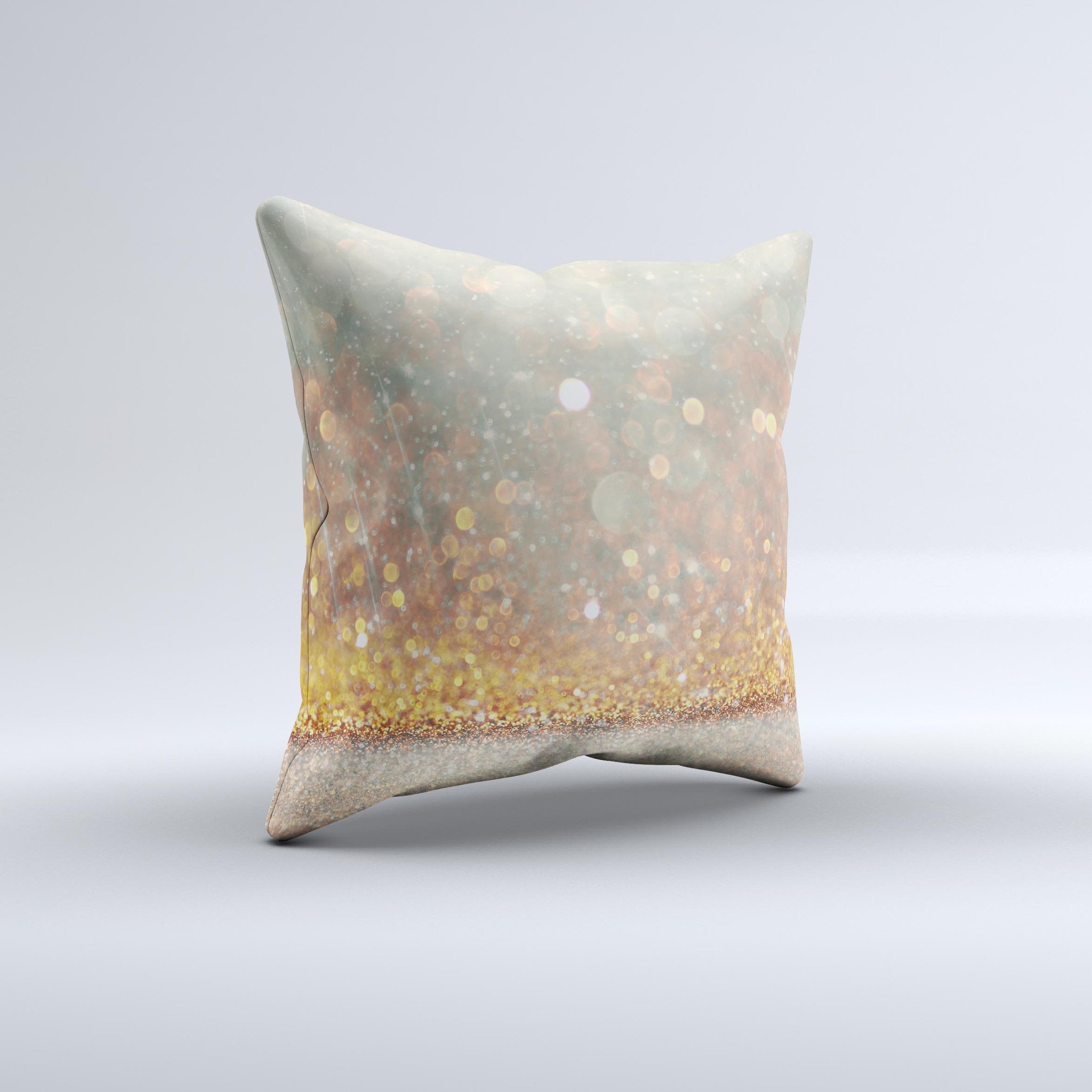 A beautifully handcrafted Pink and Gold Shimmering Lights decorative throw pillow featuring unique ink-fuzed graphics and a luxurious high thread count fabric.