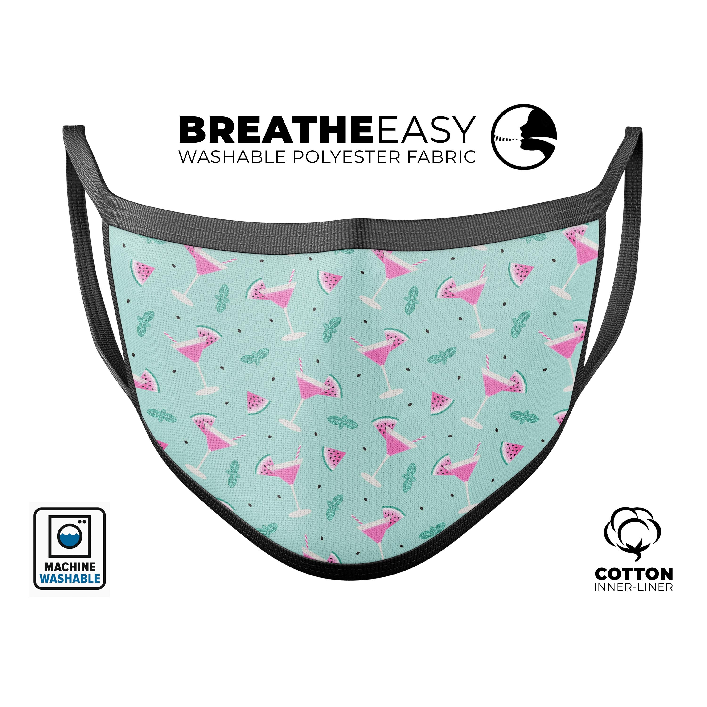 A vibrant pink and mint watermelon cocktail pattern face mask, showcasing a unique design with adjustable ear loops.