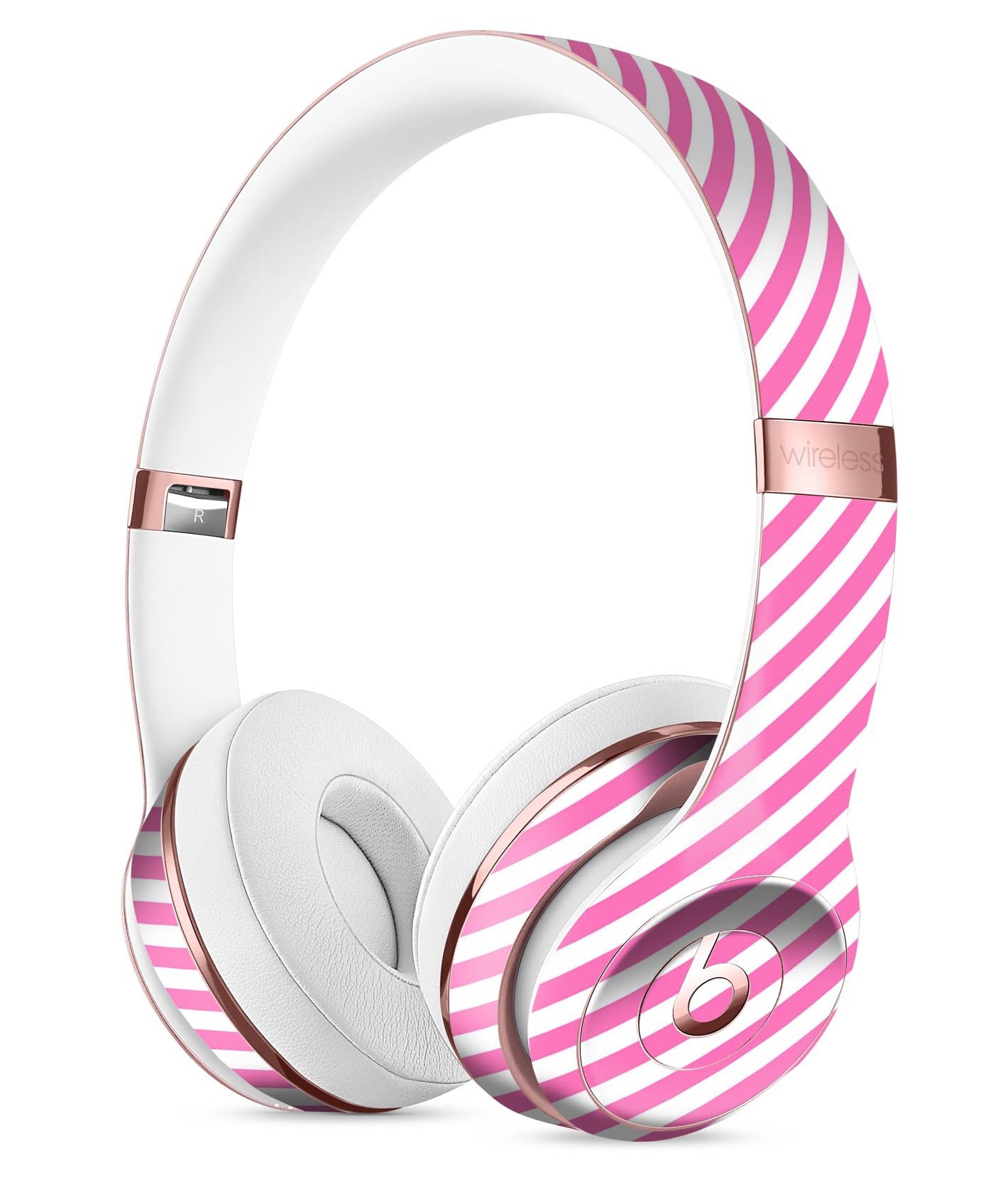 Pink and white slanted stripes skin kit for Beats by Dre Solo 3 Wireless Headphones, showcasing a stylish design and precise fit.