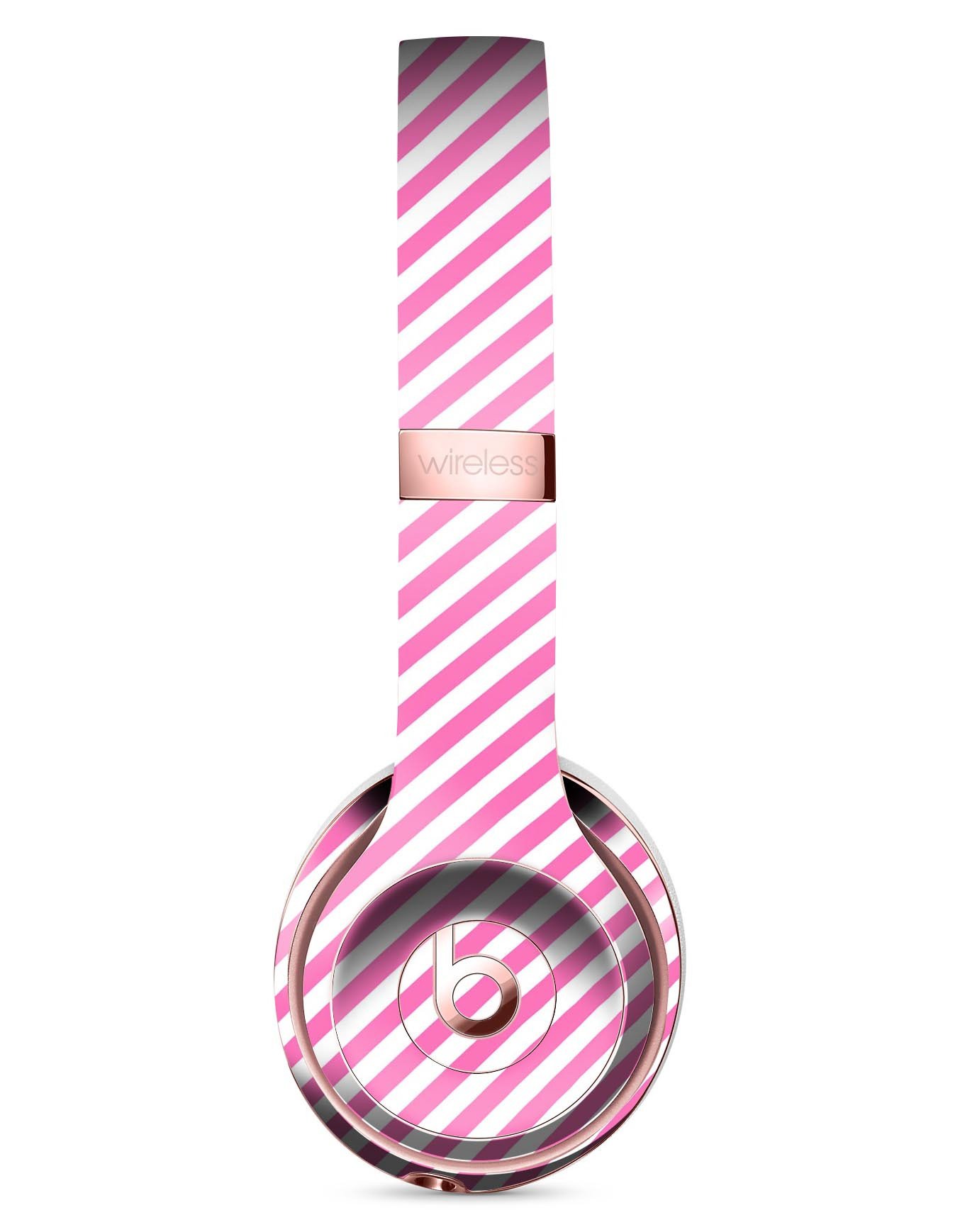 Pink and white slanted stripes skin kit for Beats by Dre Solo 3 Wireless Headphones, showcasing a stylish design and precise fit.