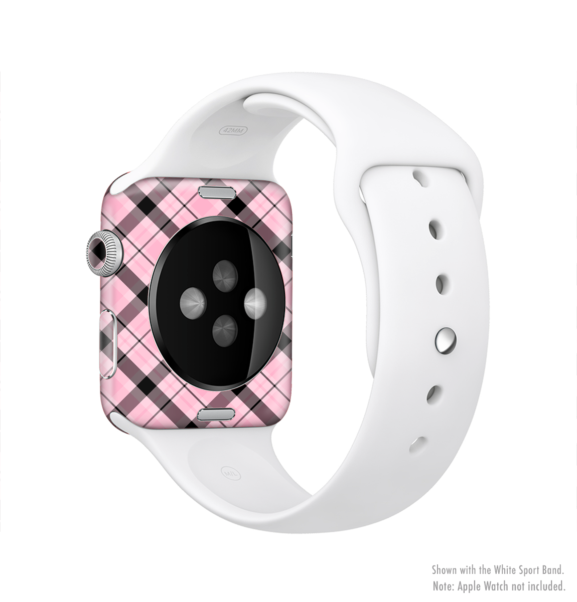 Pink and black plaid full-body skin kit for Apple Watch, showcasing stylish design and premium vinyl material.