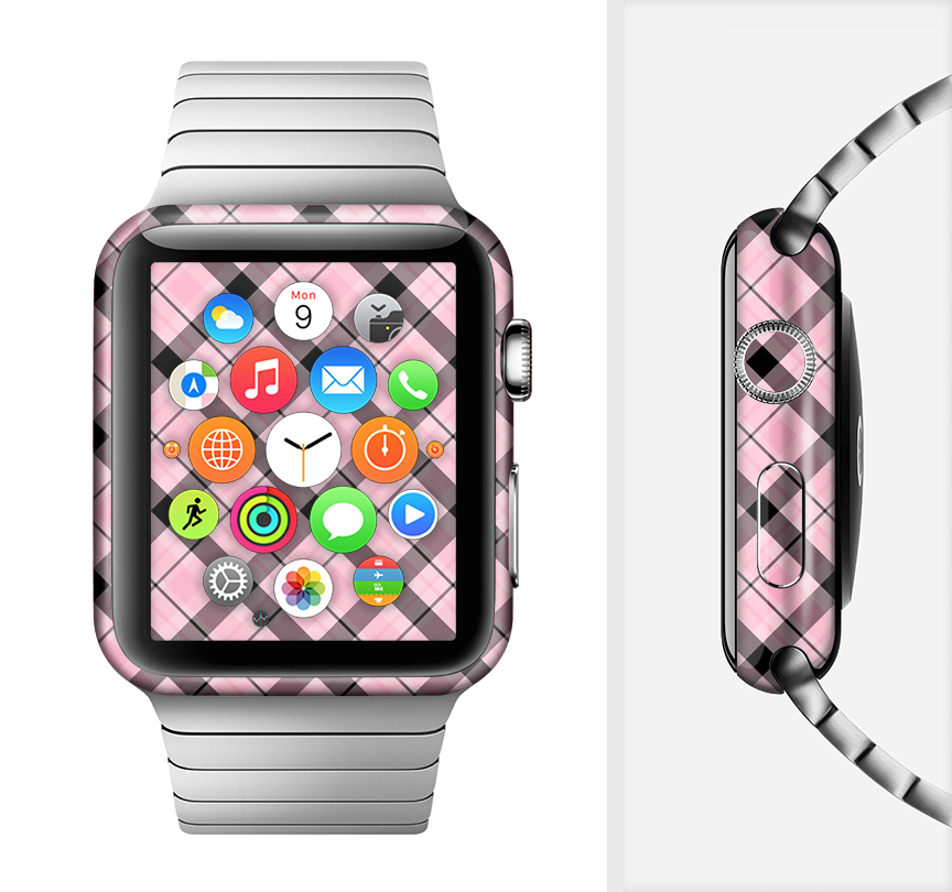 Pink and black plaid full-body skin kit for Apple Watch, showcasing stylish design and premium vinyl material.