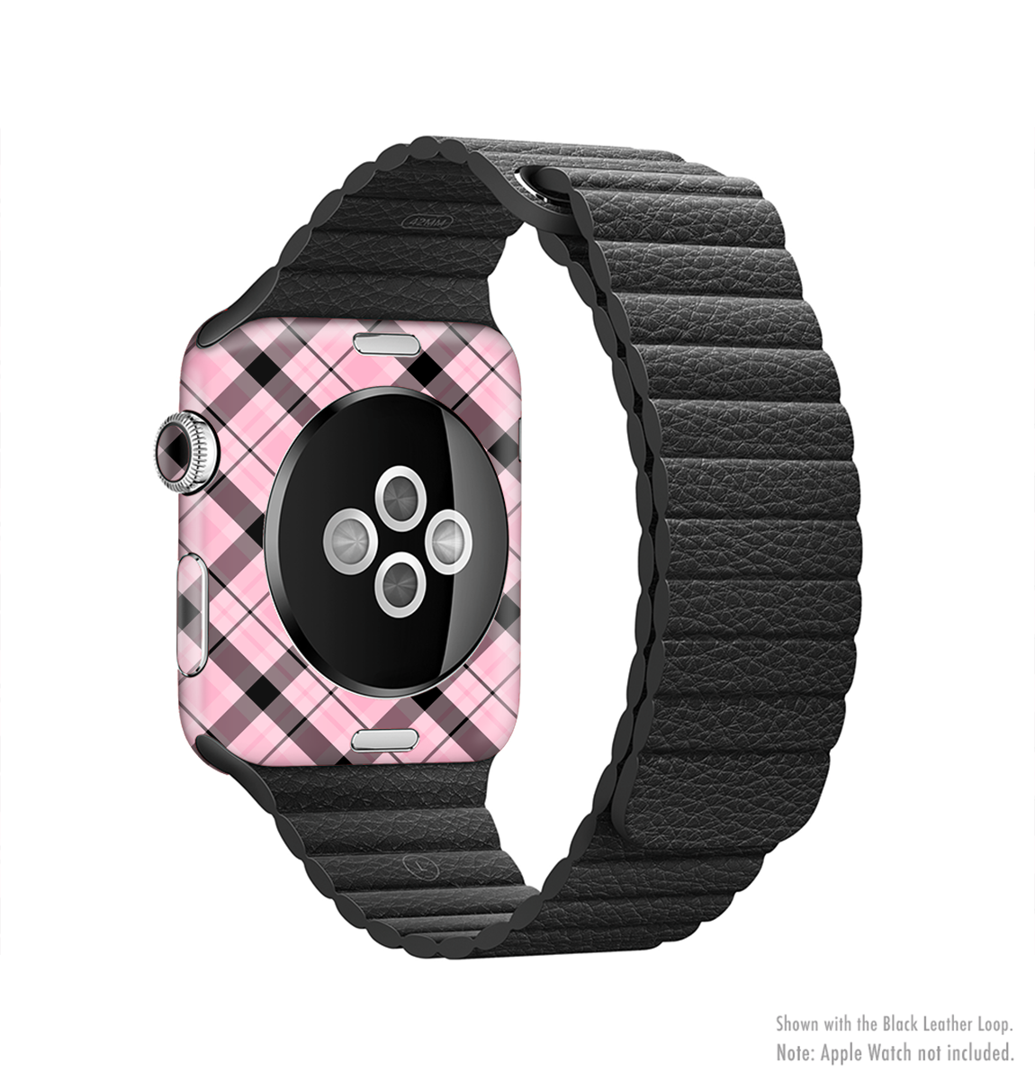 Pink and black plaid full-body skin kit for Apple Watch, showcasing stylish design and premium vinyl material.