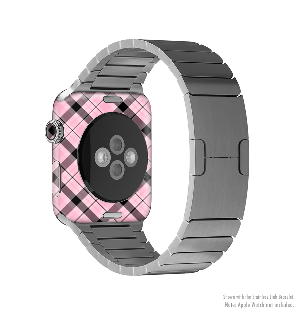 Pink and black plaid full-body skin kit for Apple Watch, showcasing stylish design and premium vinyl material.