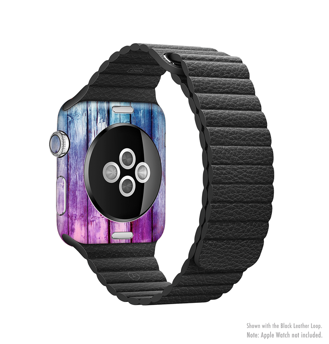 Pink and blue dyed wood skin kit for Apple Watch, showcasing vibrant colors and premium vinyl material.