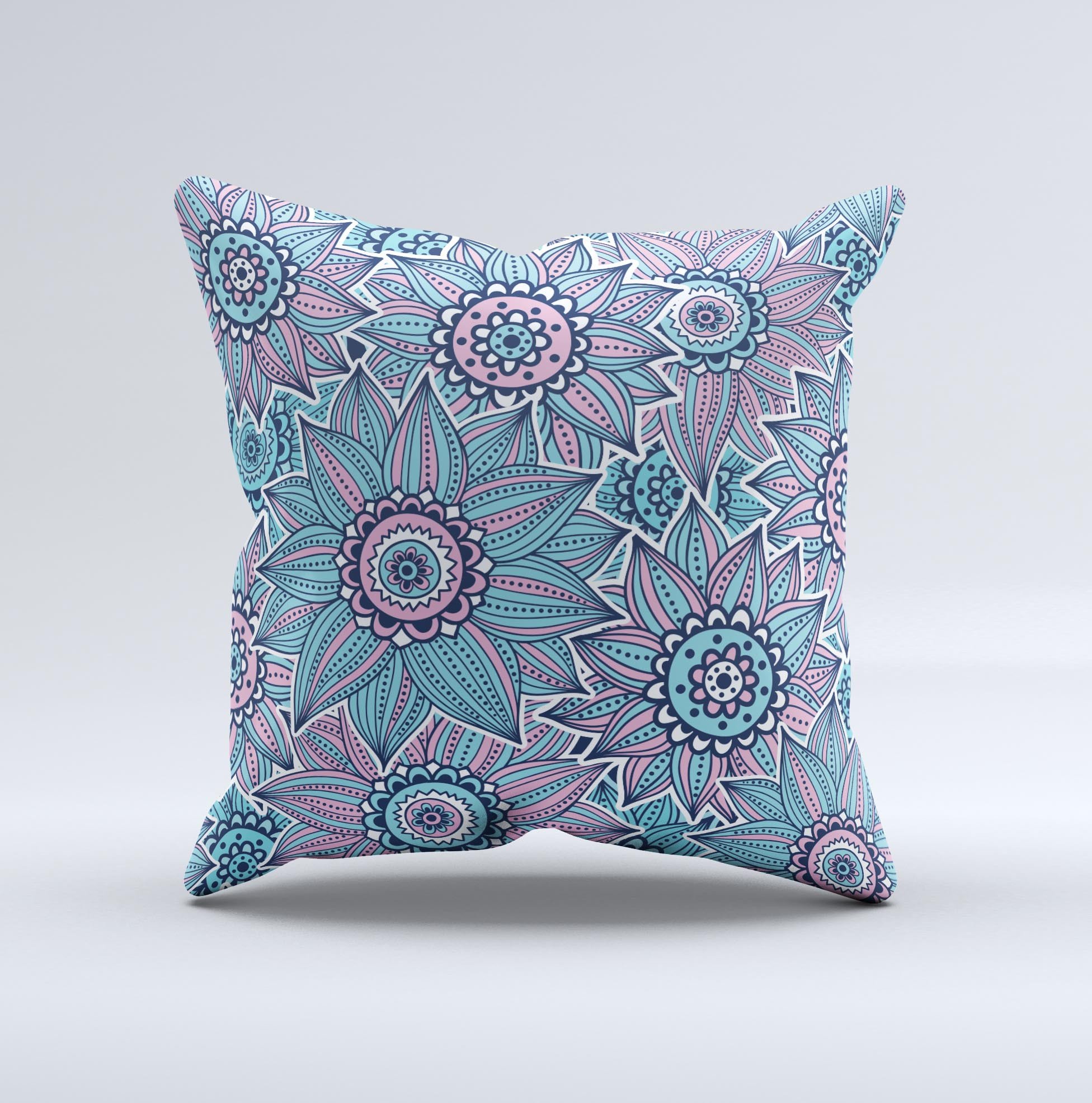 A beautifully handcrafted Pink & Blue Flowered Pattern decorative throw pillow, showcasing vibrant floral designs on a high-quality fabric.