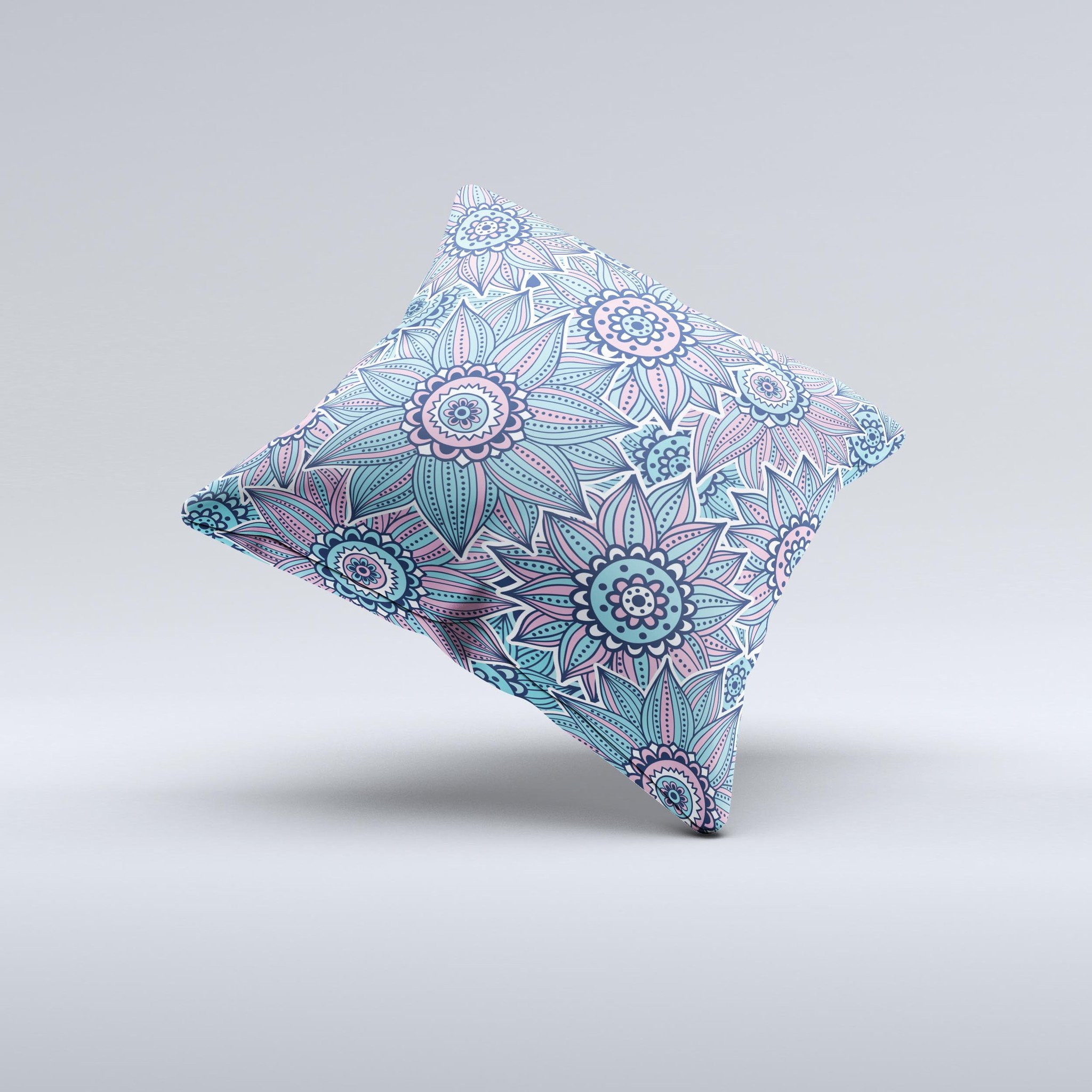 A beautifully handcrafted Pink & Blue Flowered Pattern decorative throw pillow, showcasing vibrant floral designs on a high-quality fabric.