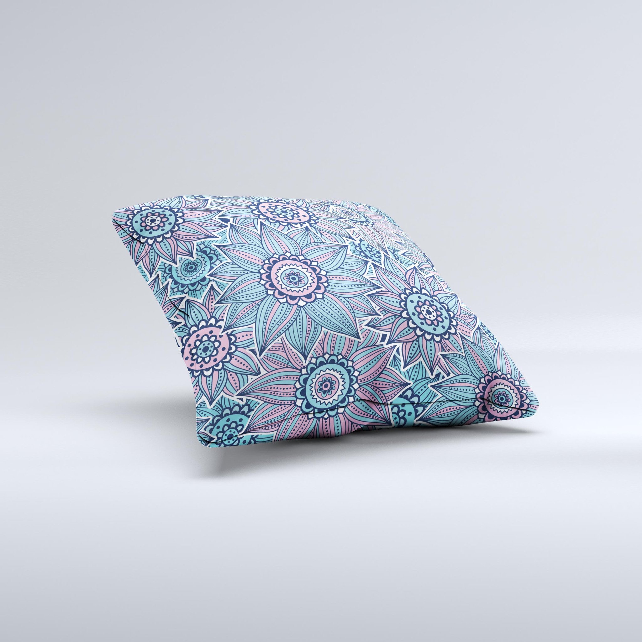 A beautifully handcrafted Pink & Blue Flowered Pattern decorative throw pillow, showcasing vibrant floral designs on a high-quality fabric.