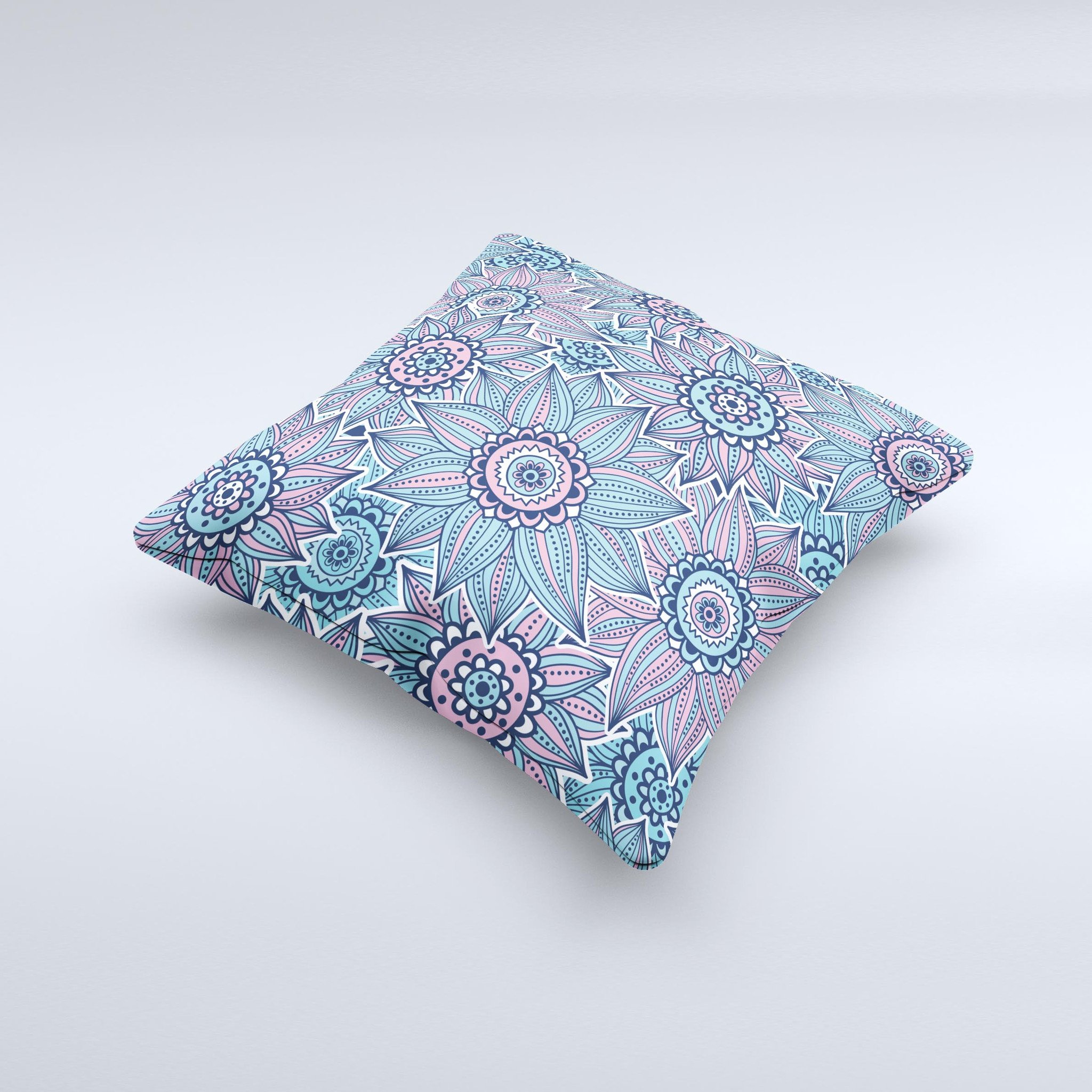 A beautifully handcrafted Pink & Blue Flowered Pattern decorative throw pillow, showcasing vibrant floral designs on a high-quality fabric.