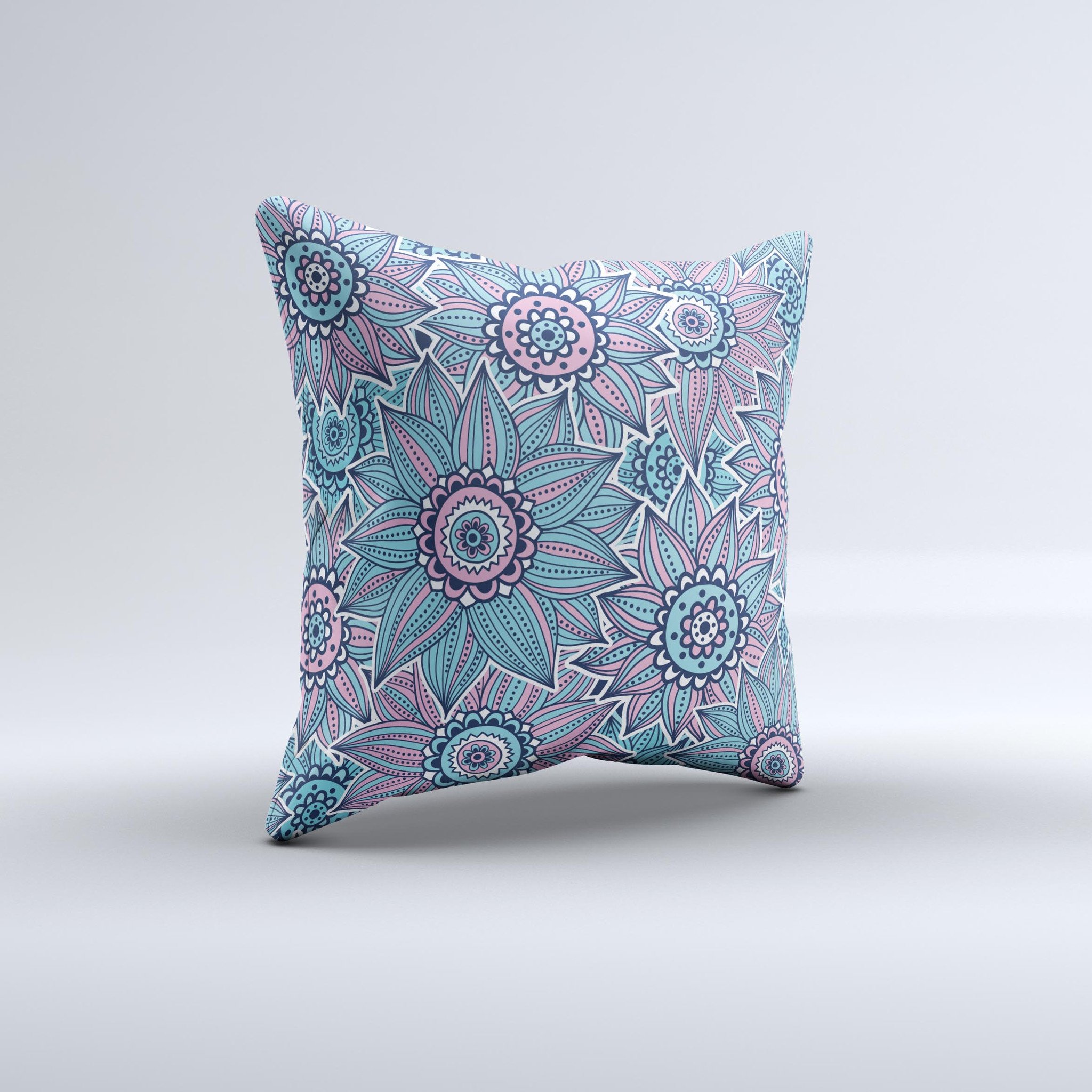 A beautifully handcrafted Pink & Blue Flowered Pattern decorative throw pillow, showcasing vibrant floral designs on a high-quality fabric.