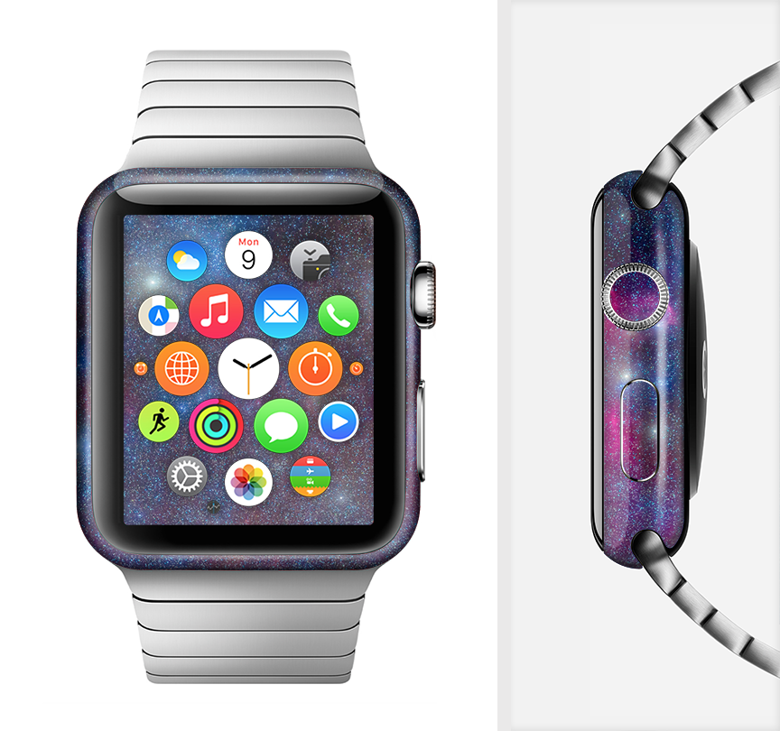 The Pink & Blue Galaxy Full-Body Skin Kit for Apple Watch, showcasing vibrant colors and a sleek design.