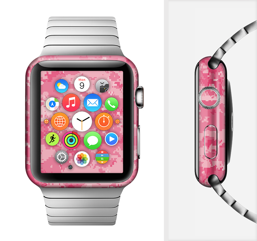 Pink Digital Camouflage Full-Body Skin Kit for Apple Watch, showcasing vibrant colors and a sleek design.