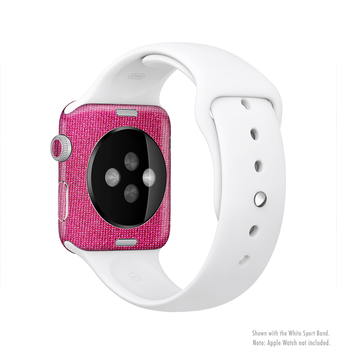 The Pink Fabric Full-Body Skin Kit for Apple Watch, showcasing a stylish pink design that fits snugly around the watch.