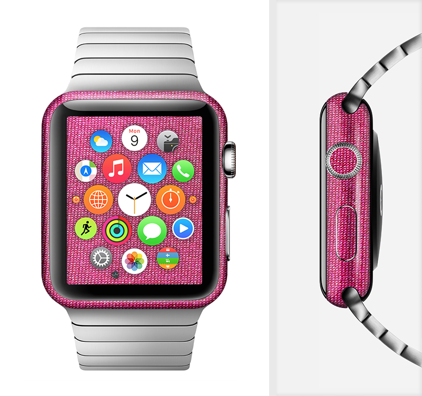 The Pink Fabric Full-Body Skin Kit for Apple Watch, showcasing a stylish pink design that fits snugly around the watch.