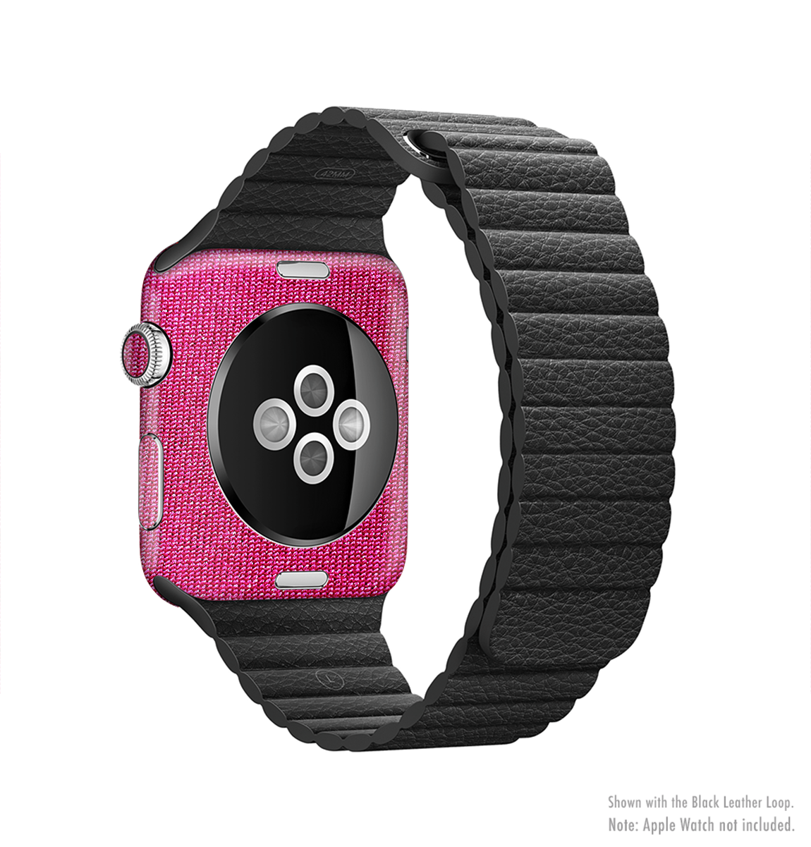 The Pink Fabric Full-Body Skin Kit for Apple Watch, showcasing a stylish pink design that fits snugly around the watch.