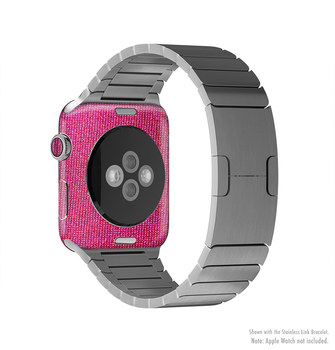 The Pink Fabric Full-Body Skin Kit for Apple Watch, showcasing a stylish pink design that fits snugly around the watch.