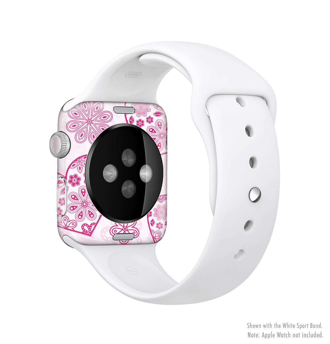 Pink Floral Designed Hearts Full-Body Skin Kit for Apple Watch, showcasing vibrant floral patterns on a sleek vinyl surface.