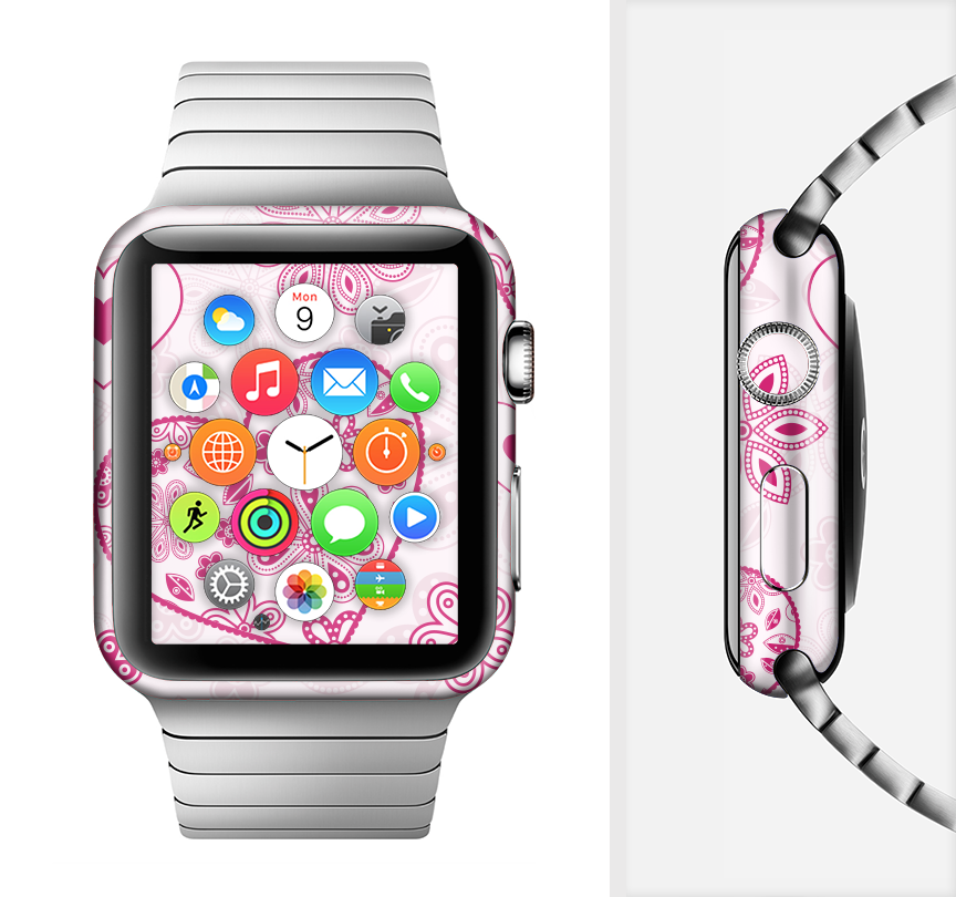 Pink Floral Designed Hearts Full-Body Skin Kit for Apple Watch, showcasing vibrant floral patterns on a sleek vinyl surface.