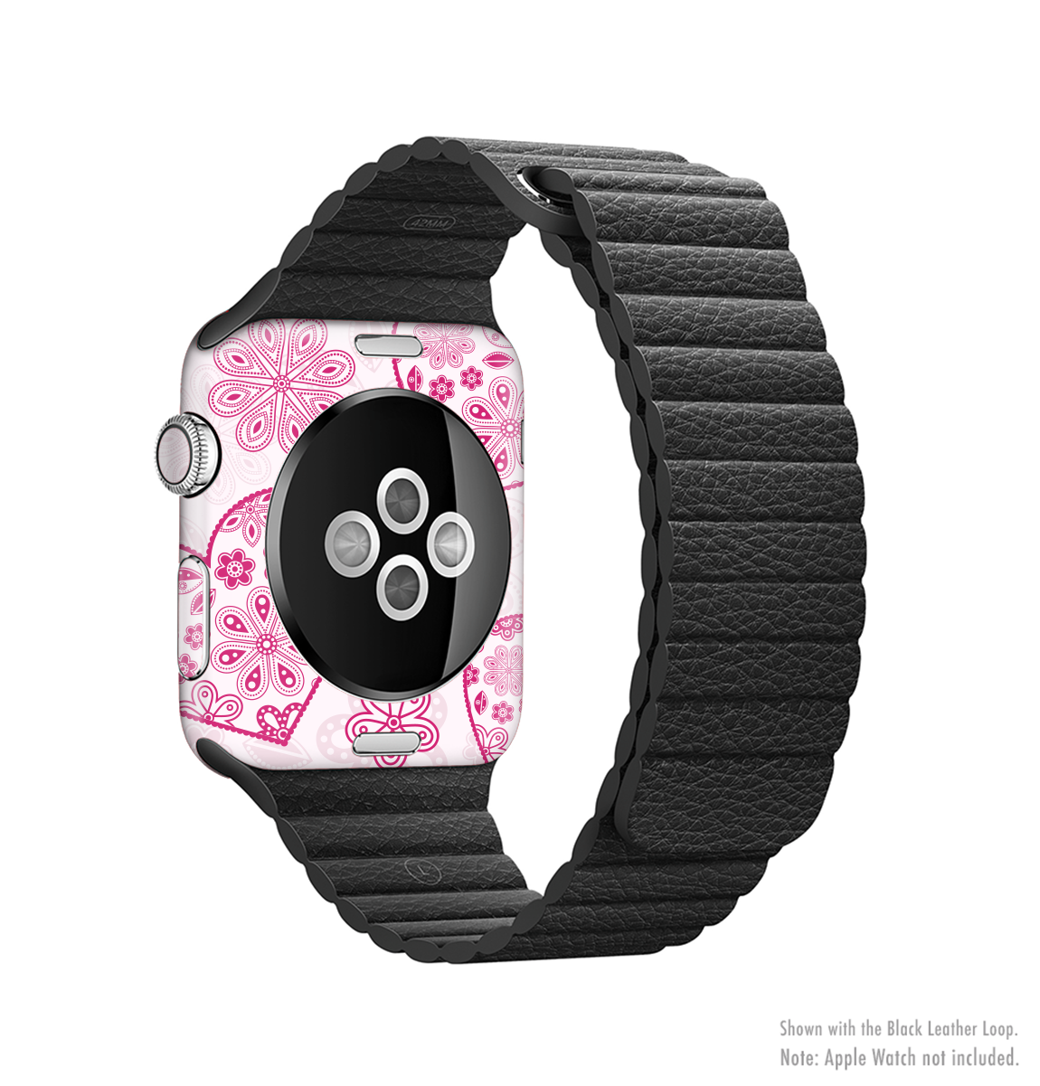 Pink Floral Designed Hearts Full-Body Skin Kit for Apple Watch, showcasing vibrant floral patterns on a sleek vinyl surface.