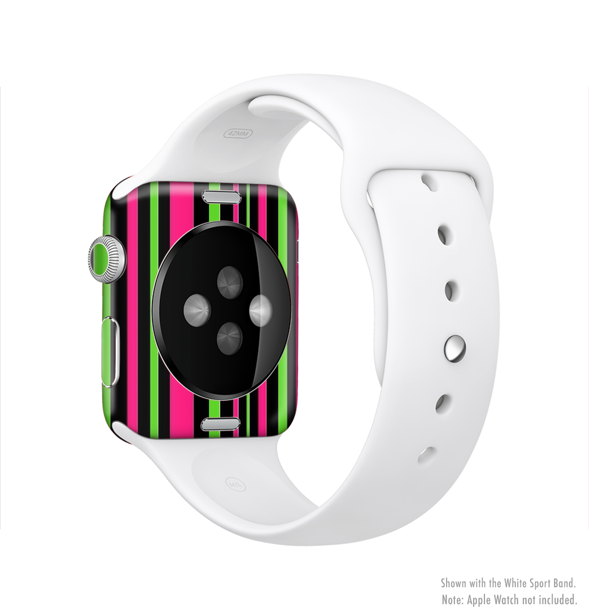 Pink and green striped full-body skin kit for Apple Watch, showcasing vibrant colors and a sleek design.