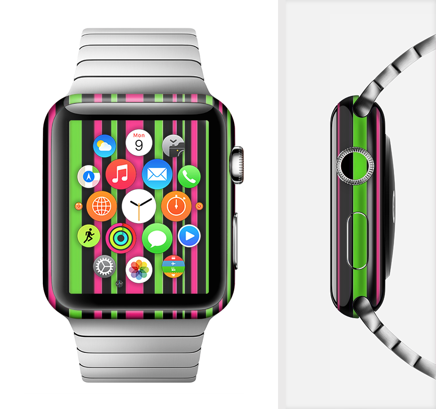 Pink and green striped full-body skin kit for Apple Watch, showcasing vibrant colors and a sleek design.