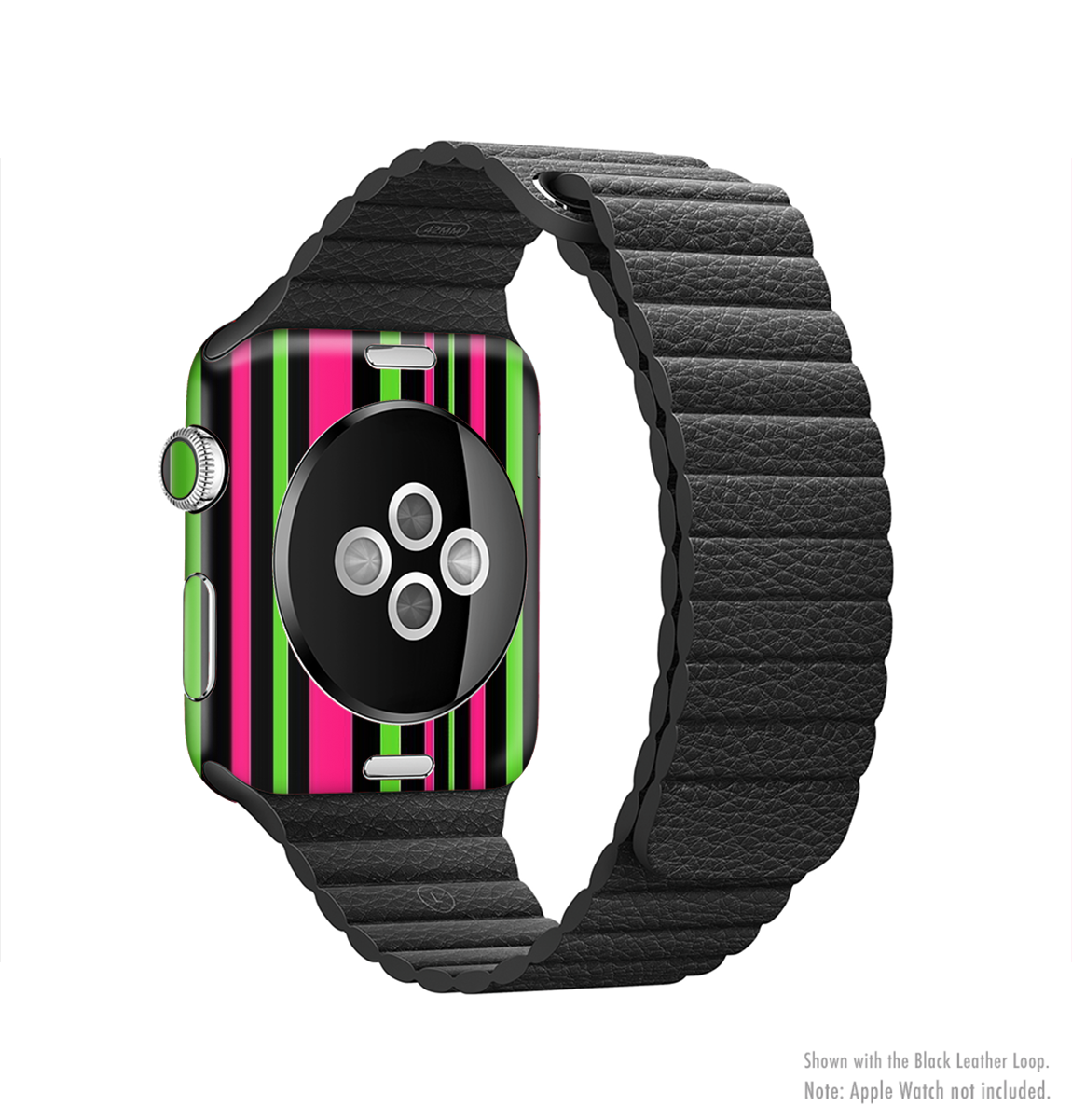 Pink and green striped full-body skin kit for Apple Watch, showcasing vibrant colors and a sleek design.