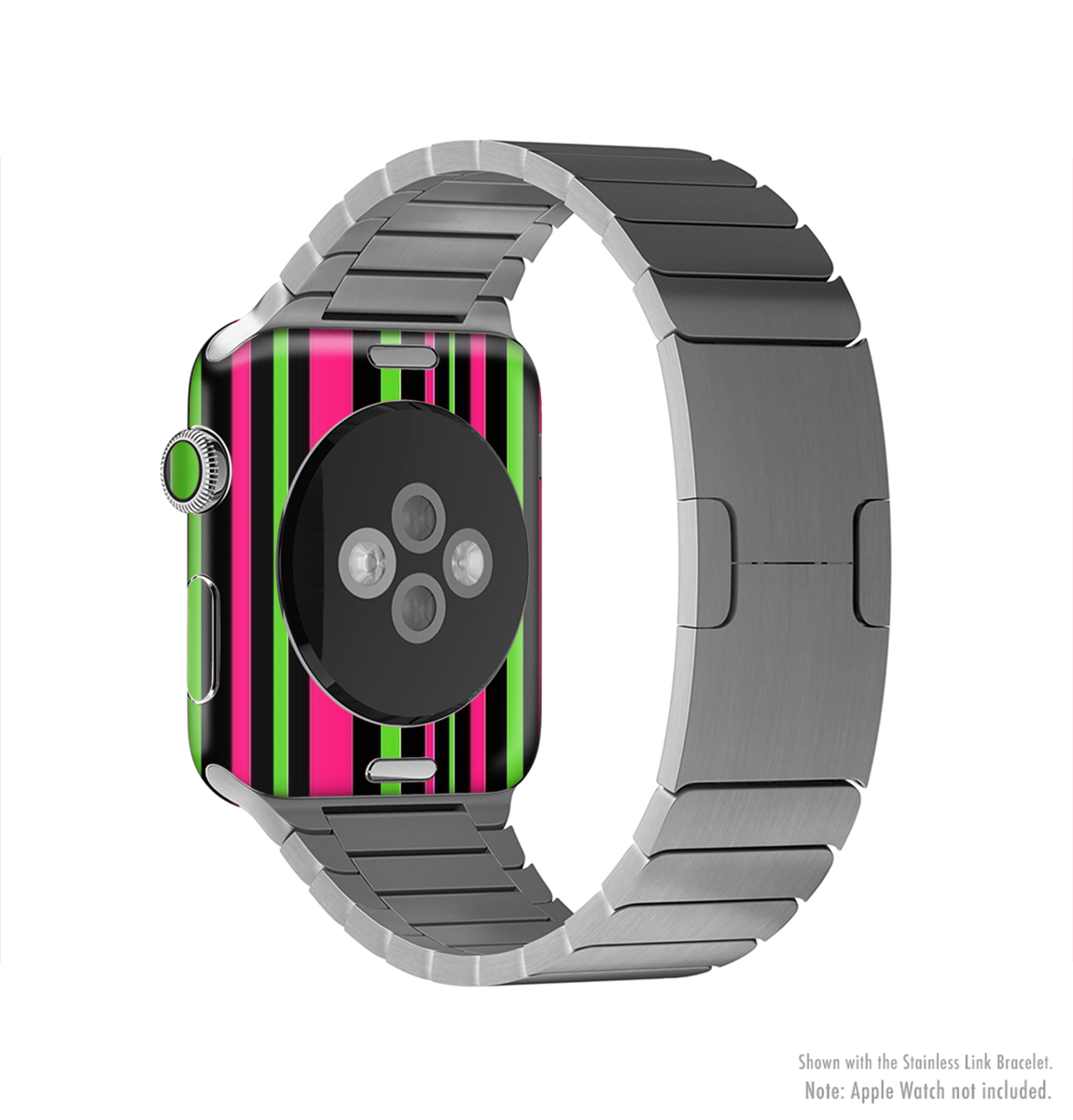 Pink and green striped full-body skin kit for Apple Watch, showcasing vibrant colors and a sleek design.